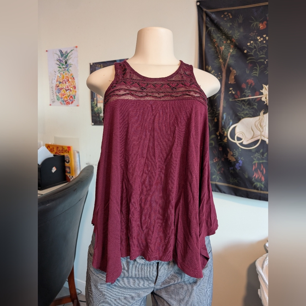 American Eagle Outfitters Women's Burgundy Lace Detail Top Size XS 100% Viscose